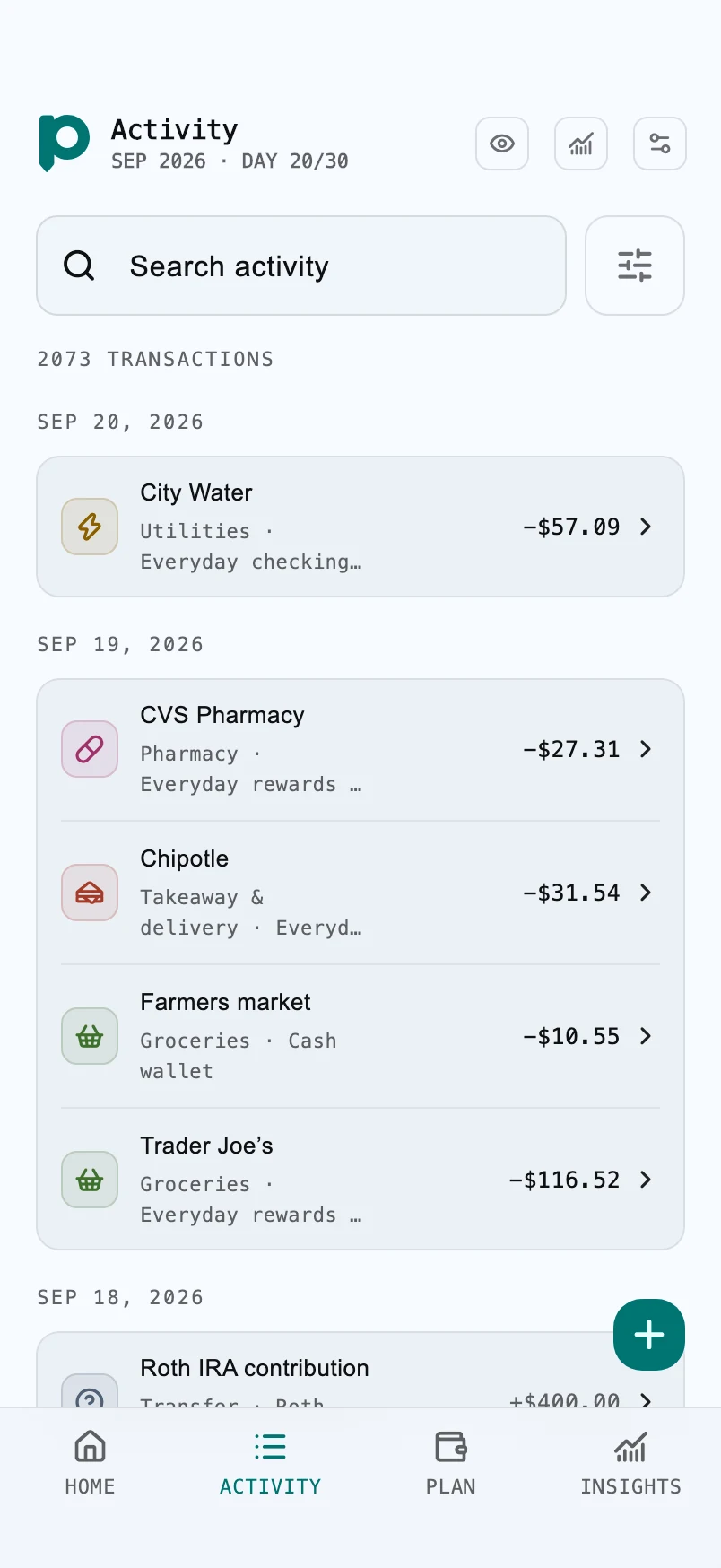 Plumb activity screen with dated purchases and spending categories